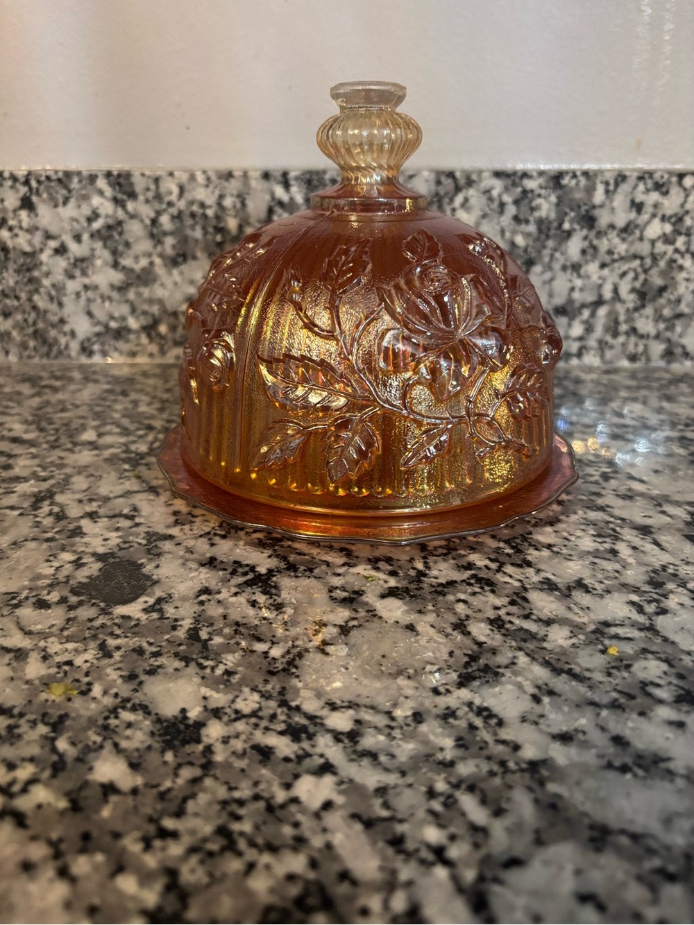 Carnival Glass Floral Butter Dish - Iridescent Amber